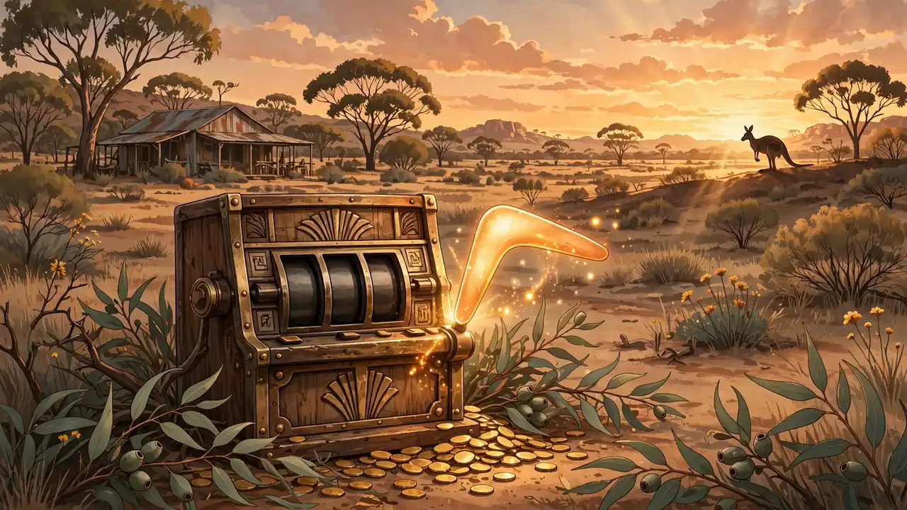 Australian-themed illustration with a boomerang slot lever and kangaroo silhouette at sunset.