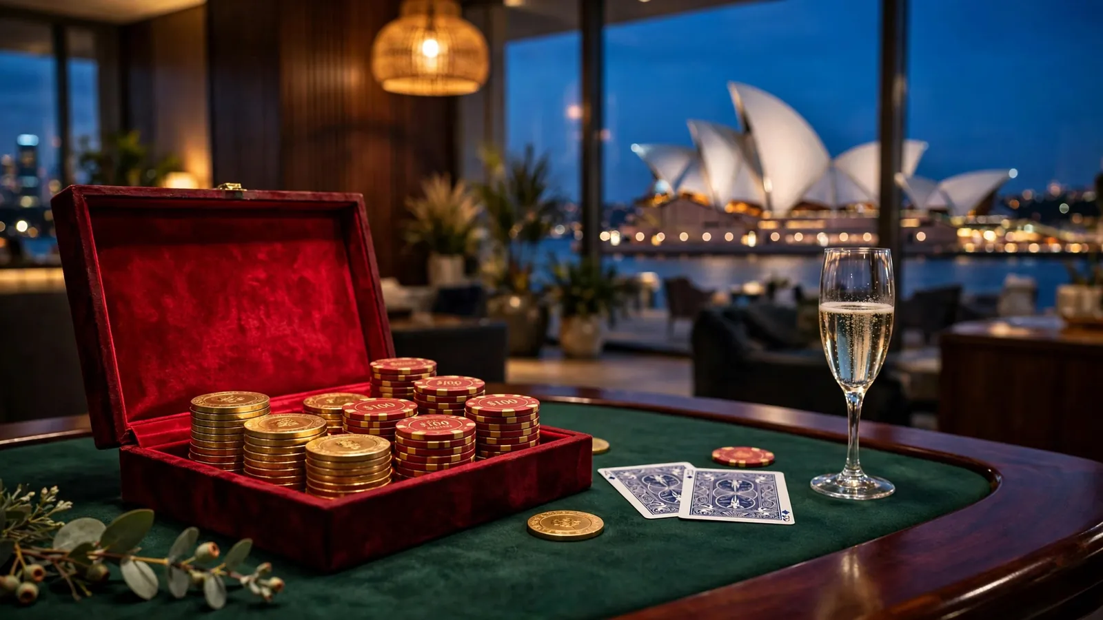 Welcome casino chips and champagne on table with Sydney Opera House at twilight