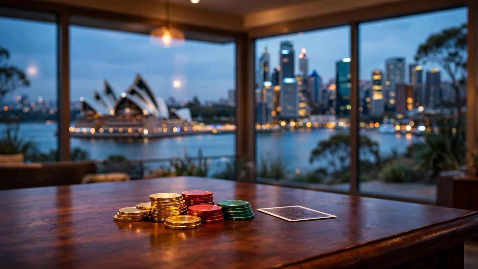 Casino chips and a card on a table with Australian harbor skyline at twilight