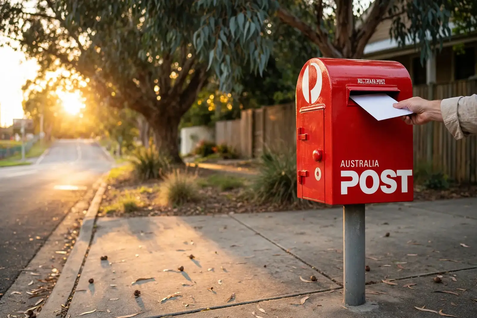 Hand posting a letter into a red Australian postbox on a sunlit street.