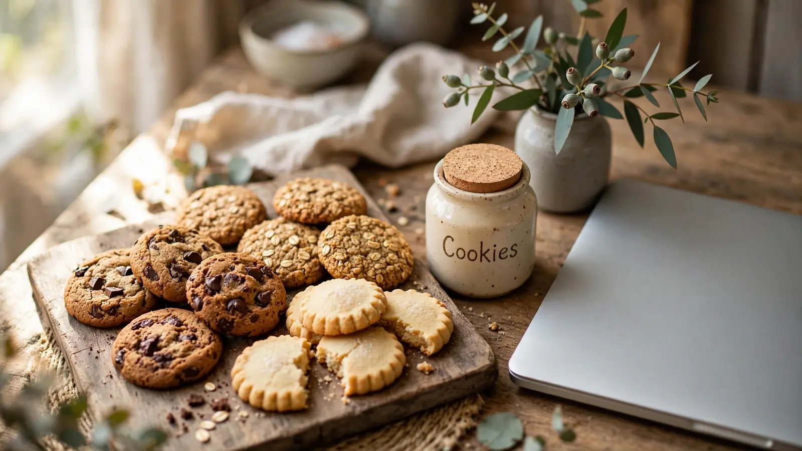 Homemade cookies arranged near a laptop and a cookie jar on a wooden table.