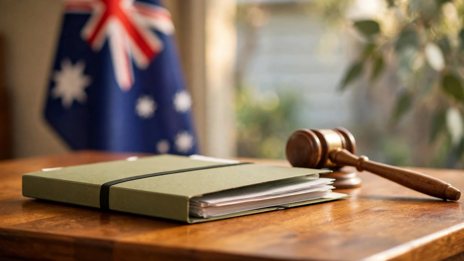Australian legal document folder on a desk with gavel and flag