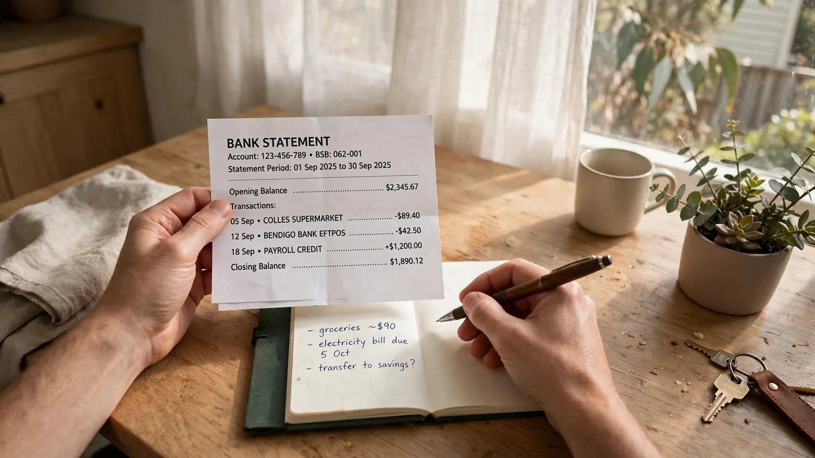 Hands reviewing a printed bank statement with a notebook