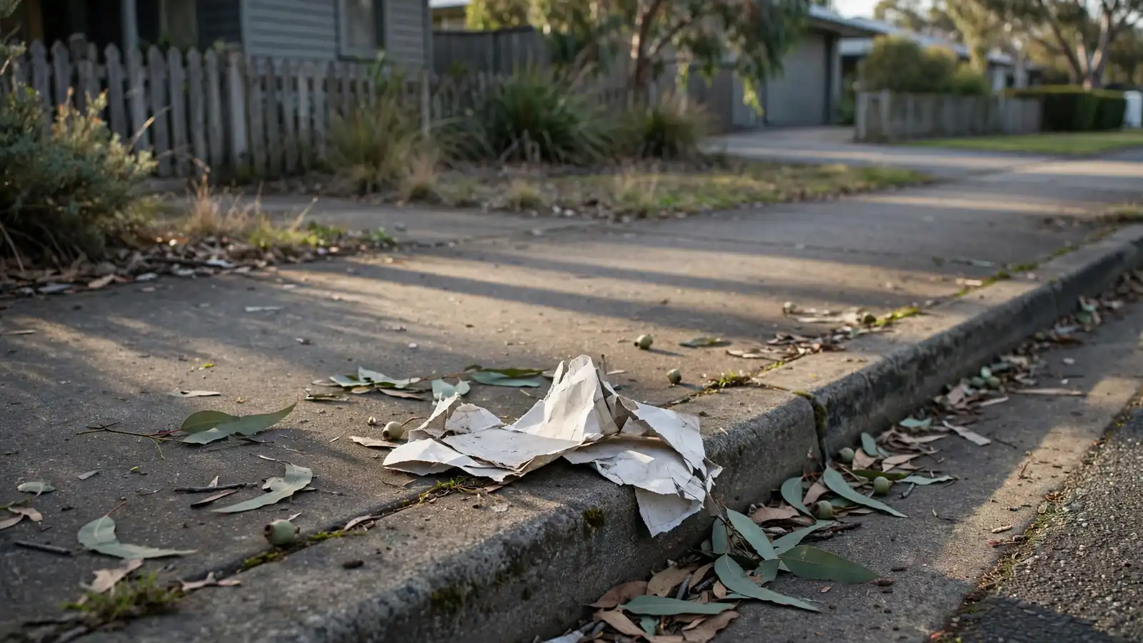 Torn promotional flyer discarded on an Australian footpath