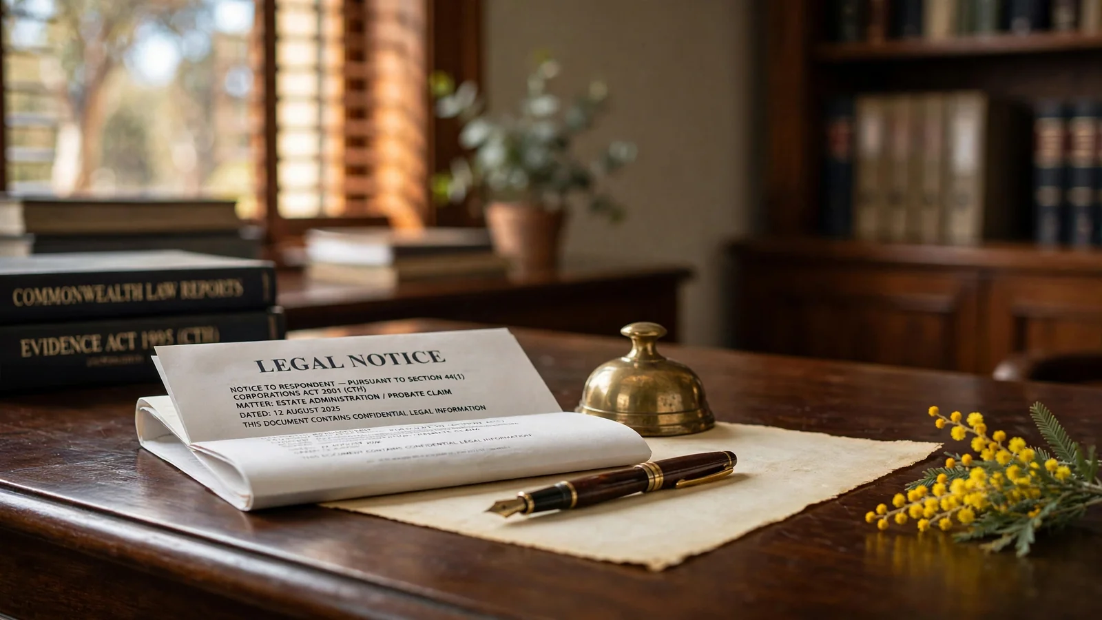 Legal notice document on a wooden desk with a fountain pen and wattle sprig