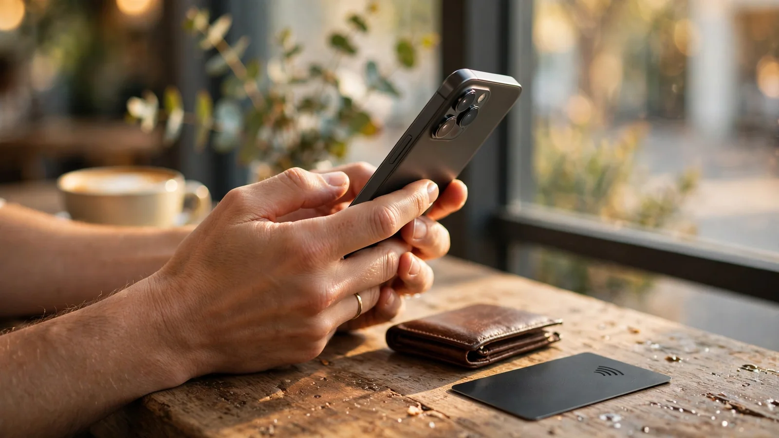 Hands holding a smartphone with a payment card on an Australian café table