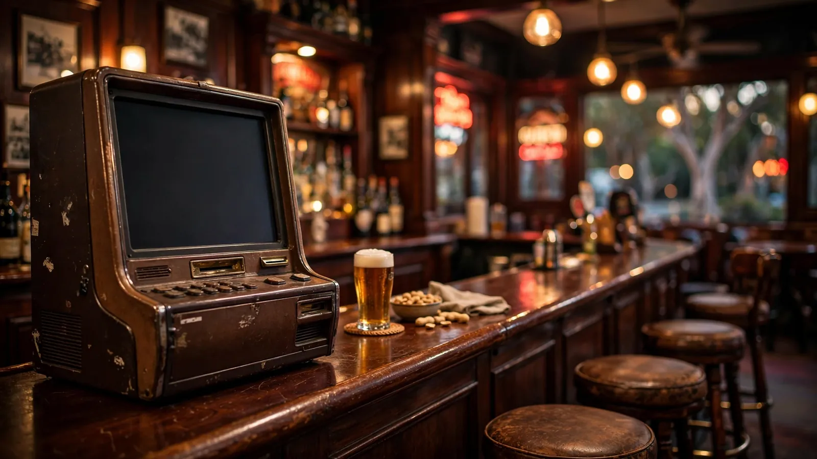 Vintage pokie machine in a warm Australian pub interior, screen turned away from viewer.