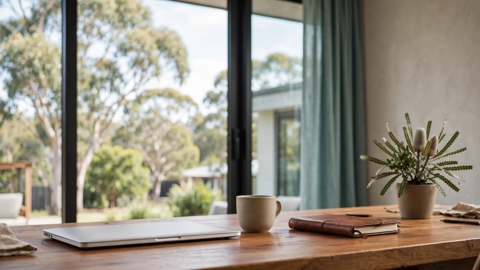 Closed laptop on desk beside notebook and plant near window with eucalyptus trees