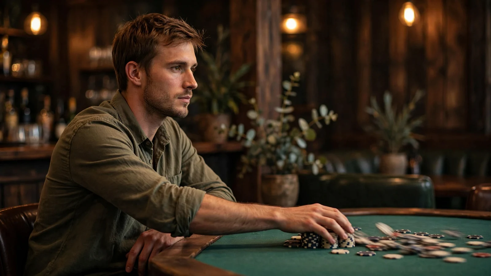 Man calmly pushing away poker chips, showing self-control at a gaming table