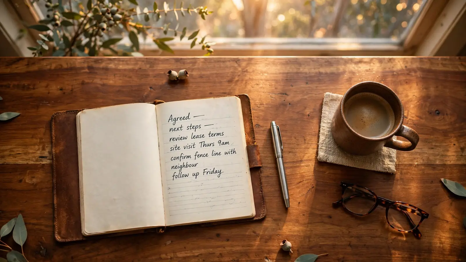 Open notebook, pen, and glasses on a sunlit wooden desk